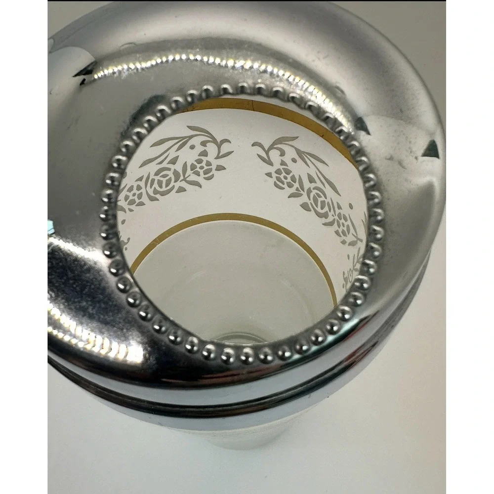 Vintage Frosted Glass Bar Straw Holder Gold‎ Band Chrome Top Mid Century